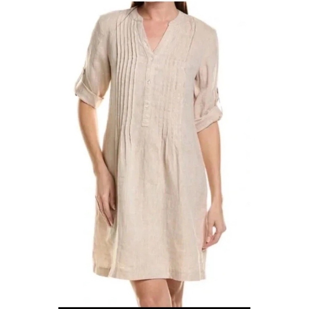 J Mclaughlin RIVIERA Linen Dress Women Wheat Pintuck Roll Tab Sleeve Sz S Beach